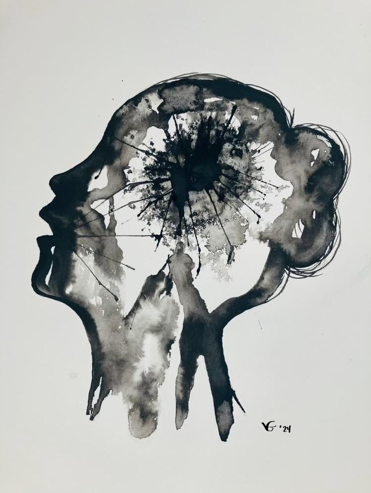 Choc — encre et lavis sur papier, Virginie Guimond, 2024